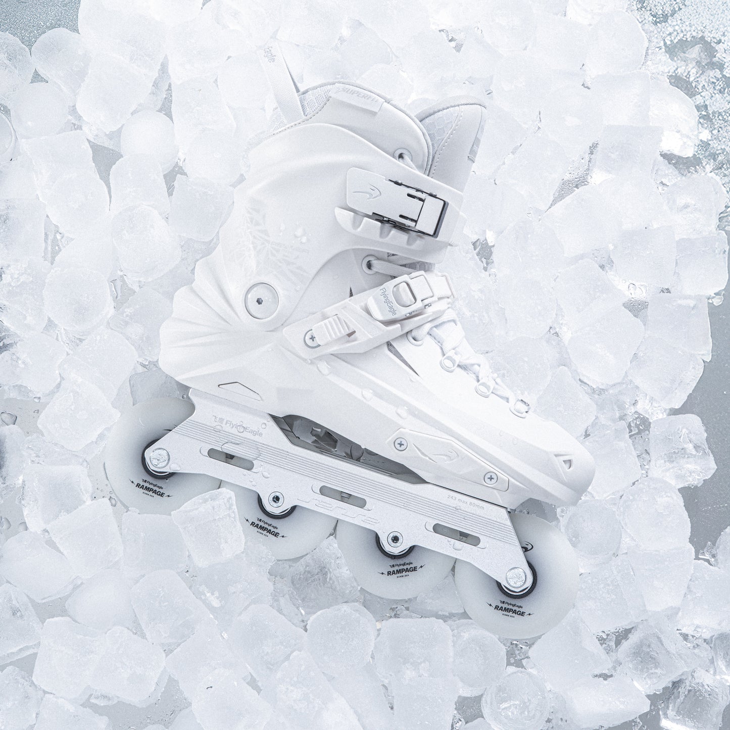Adult white inline skates FlyingEagle REAVER Pro S7680 laid on multiple ice cubes