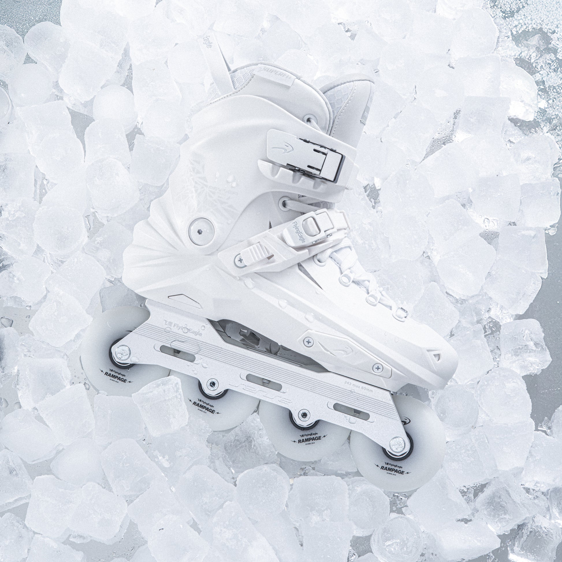 Adult white inline skates FlyingEagle REAVER Pro S7680 laid on multiple ice cubes