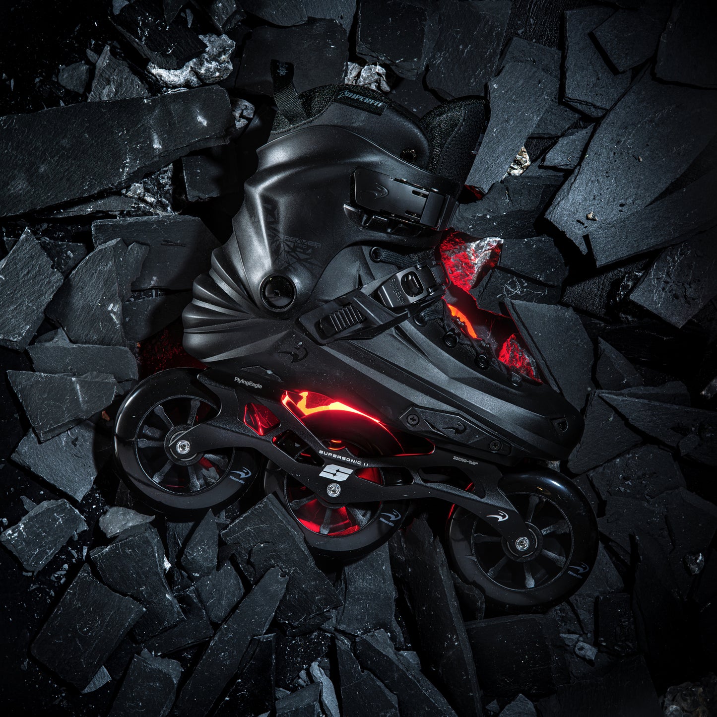 FlyingEagle ReaverPro T110 black urban 3-wheeled hard-boot inline skate X7T in rocky surface