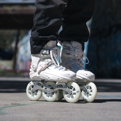Outdoor dynamic sports scene with white FlyingEagle ReaverPro T110 professional roller skates